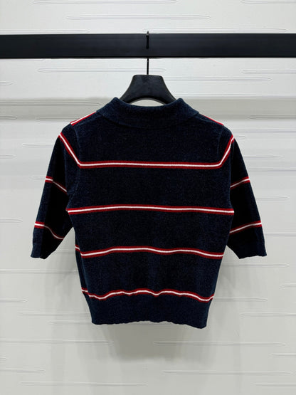 Striped lapel knit short sleeve