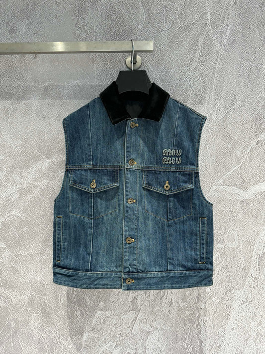 new denim vest velvet stitching lapel