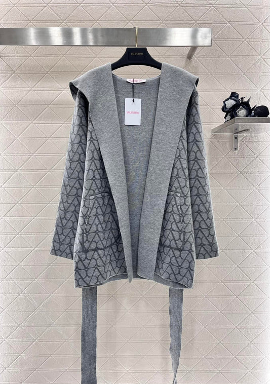 Double-faced hooded jacquard belted cape coat