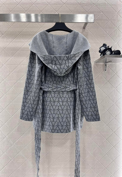 Double-faced hooded jacquard belted cape coat