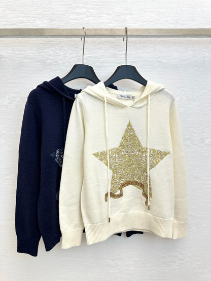 star embroidered hooded knit top