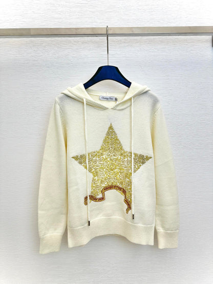 star embroidered hooded knit top