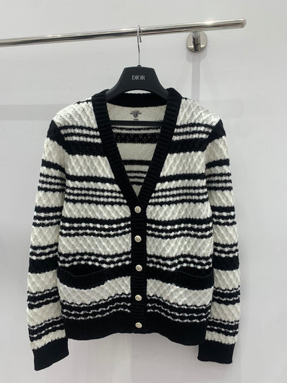 Black and white striped knitted V-neck cardigan