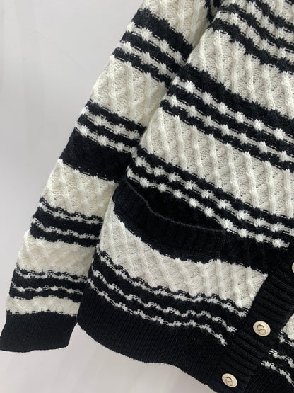 Black and white striped knitted V-neck cardigan