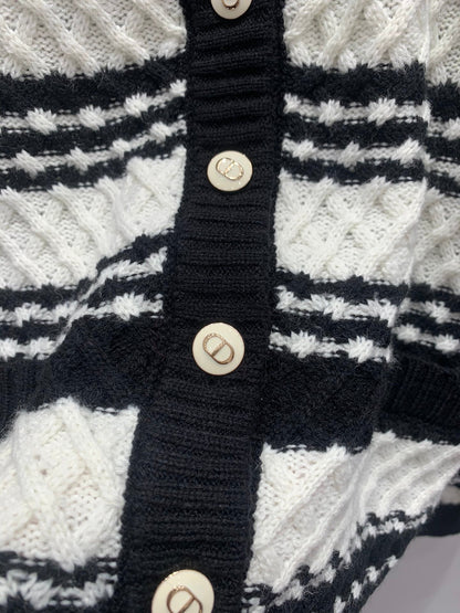 Black and white striped knitted V-neck cardigan