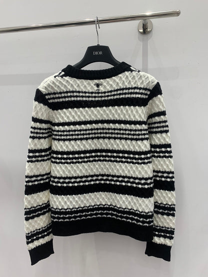 Black and white striped knitted V-neck cardigan