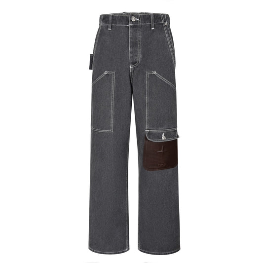 Leather pocket denim trousers