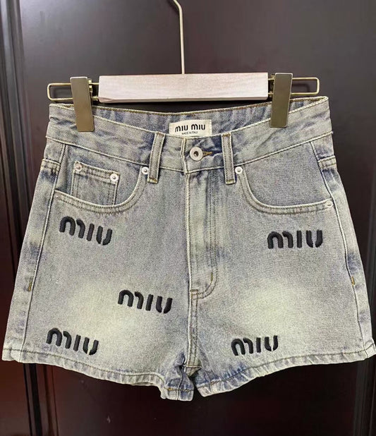 printed logo denim shorts