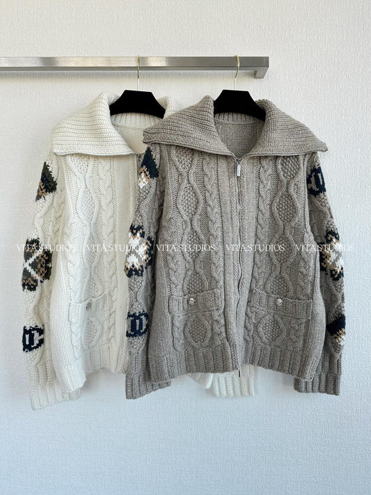 Zipper Sleeve Jacquard Cardigan