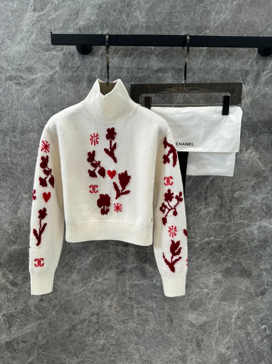 New wool knitted high collar jacquard sweater