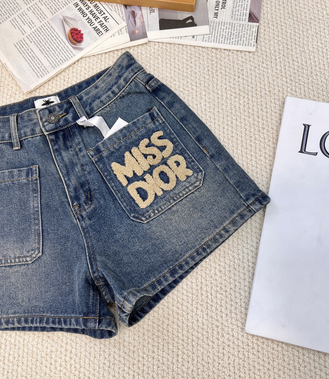 Double Pocket Towel Embroidery Lettering Denim Shorts