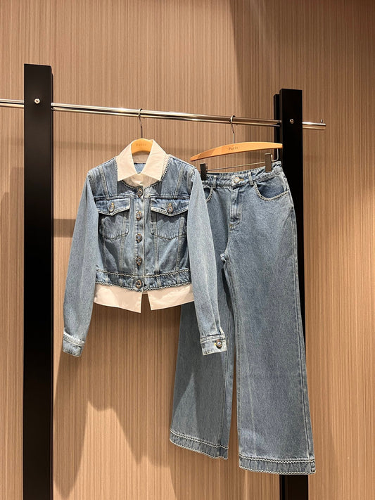 Patchwork shirt collar fake two-piece design denim + denim straight leg jeans