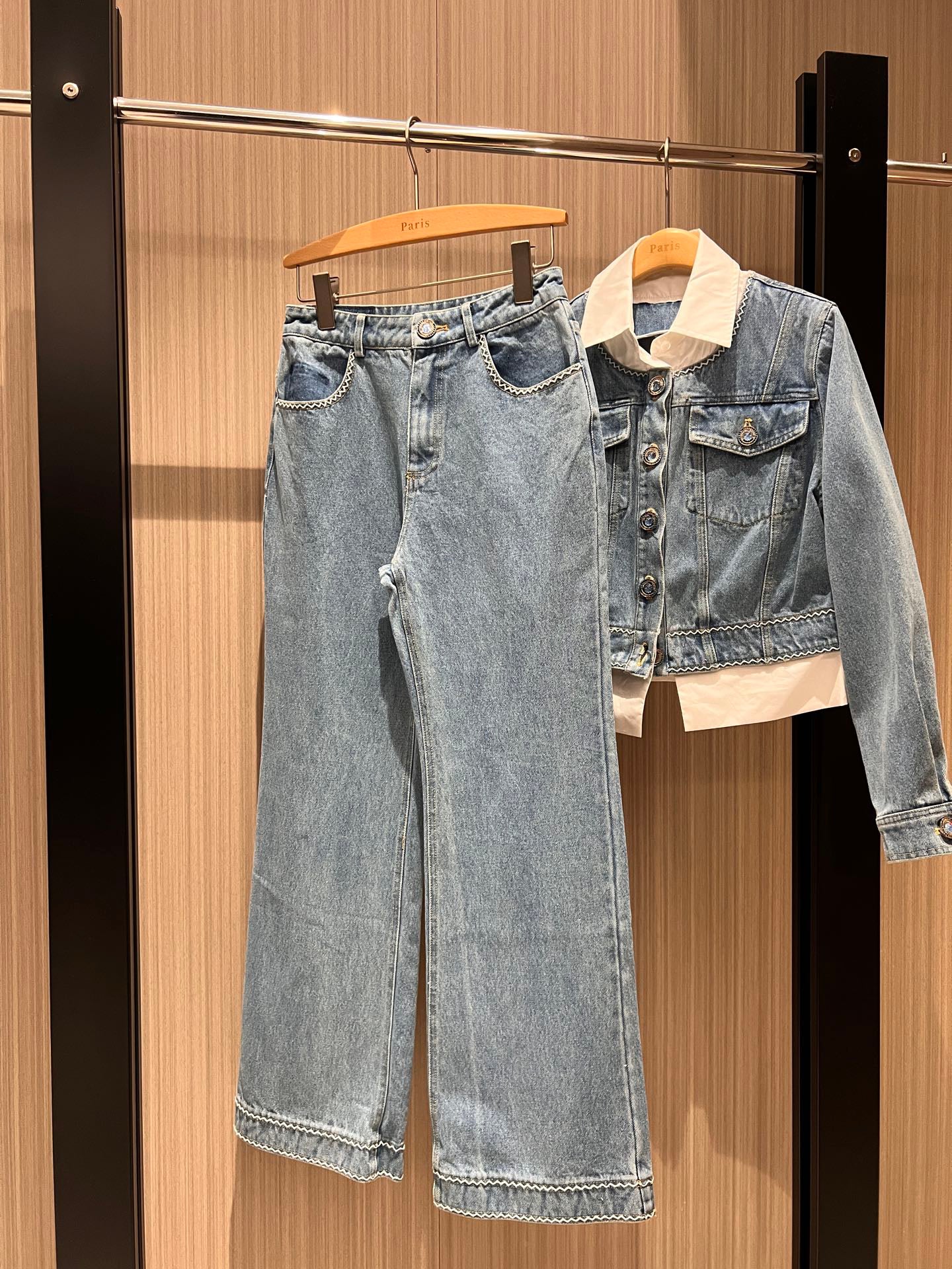 Patchwork shirt collar fake two-piece design denim + denim straight leg jeans