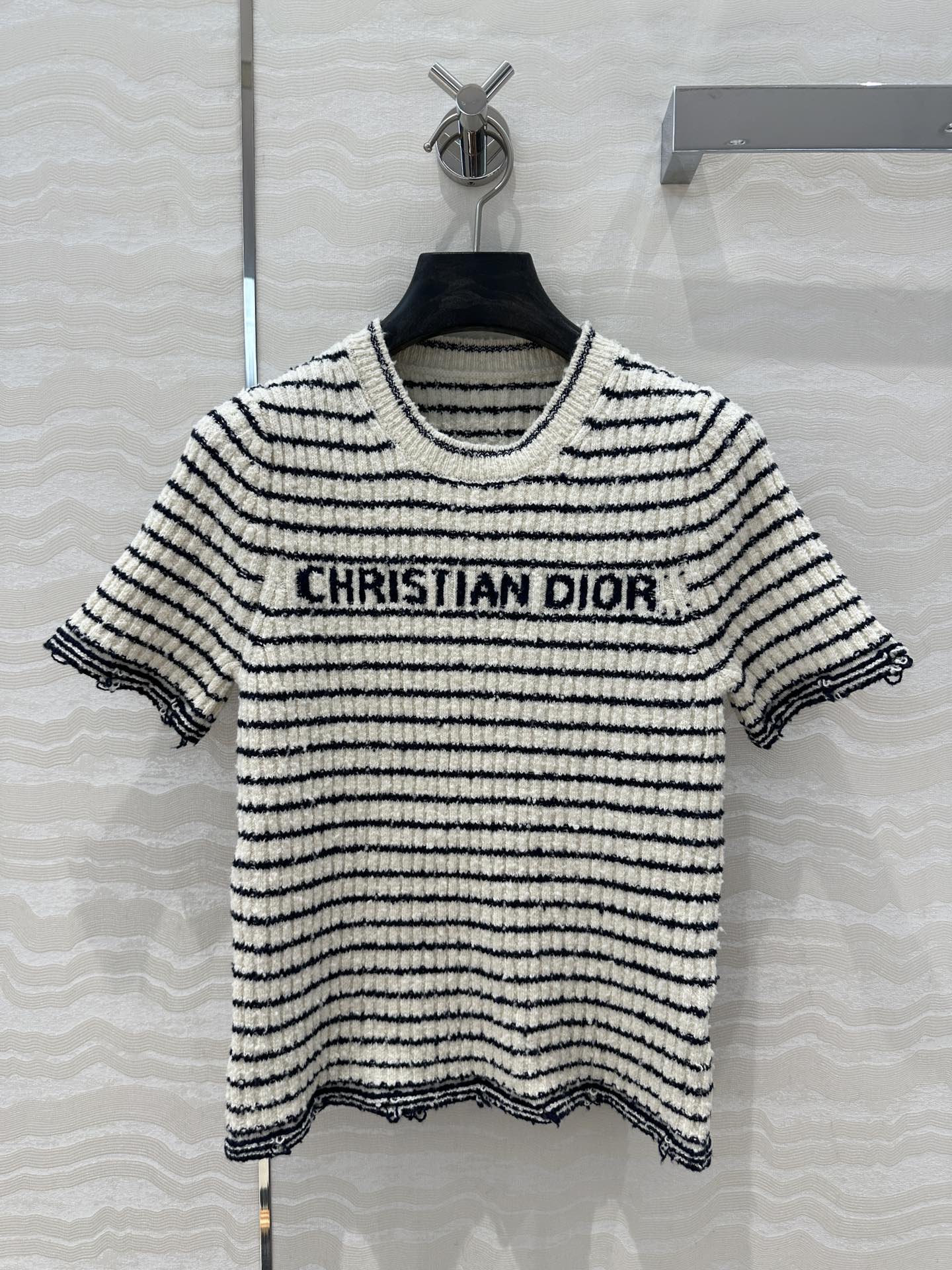 Specialty Yarn Navy Striped Crew Neck Knit Top