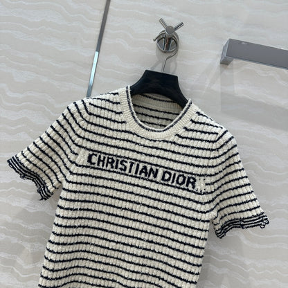 Specialty Yarn Navy Striped Crew Neck Knit Top