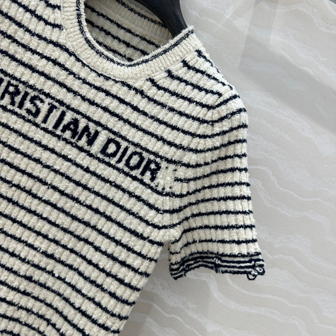 Specialty Yarn Navy Striped Crew Neck Knit Top