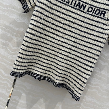 Specialty Yarn Navy Striped Crew Neck Knit Top