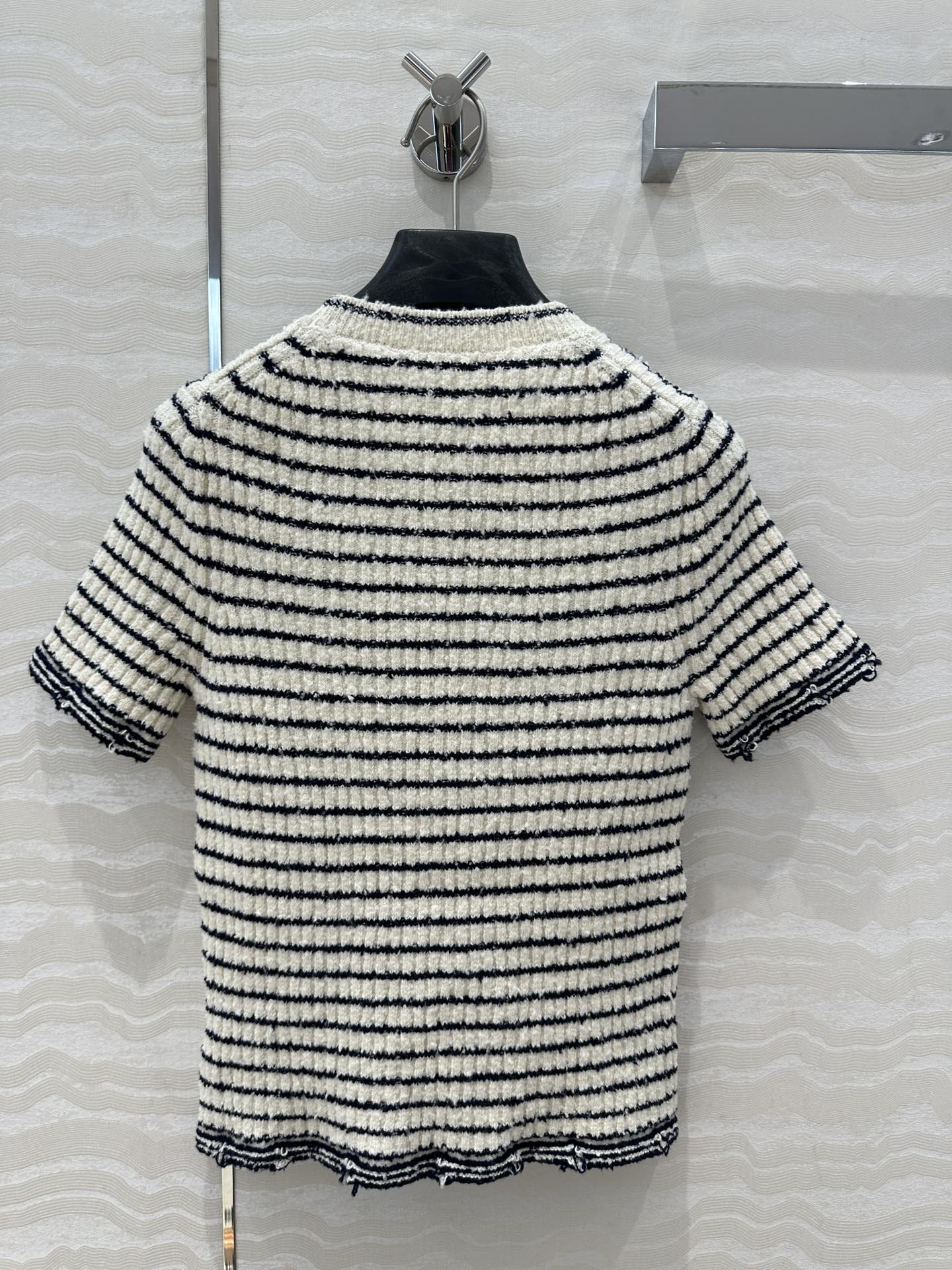 Specialty Yarn Navy Striped Crew Neck Knit Top