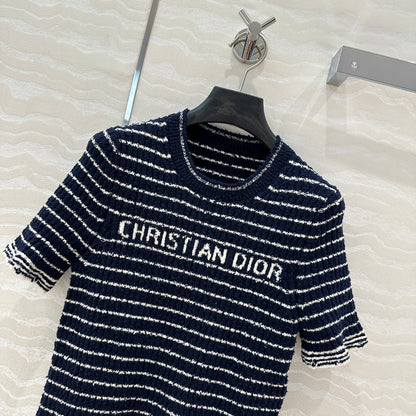 Specialty Yarn Navy Striped Crew Neck Knit Top