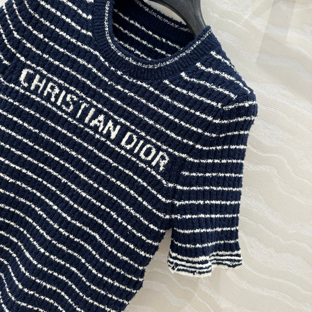 Specialty Yarn Navy Striped Crew Neck Knit Top