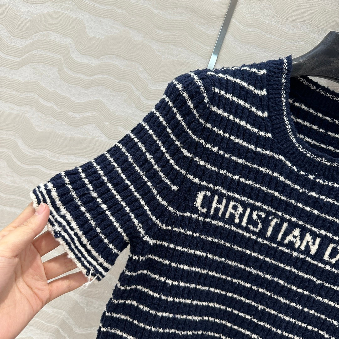 Specialty Yarn Navy Striped Crew Neck Knit Top