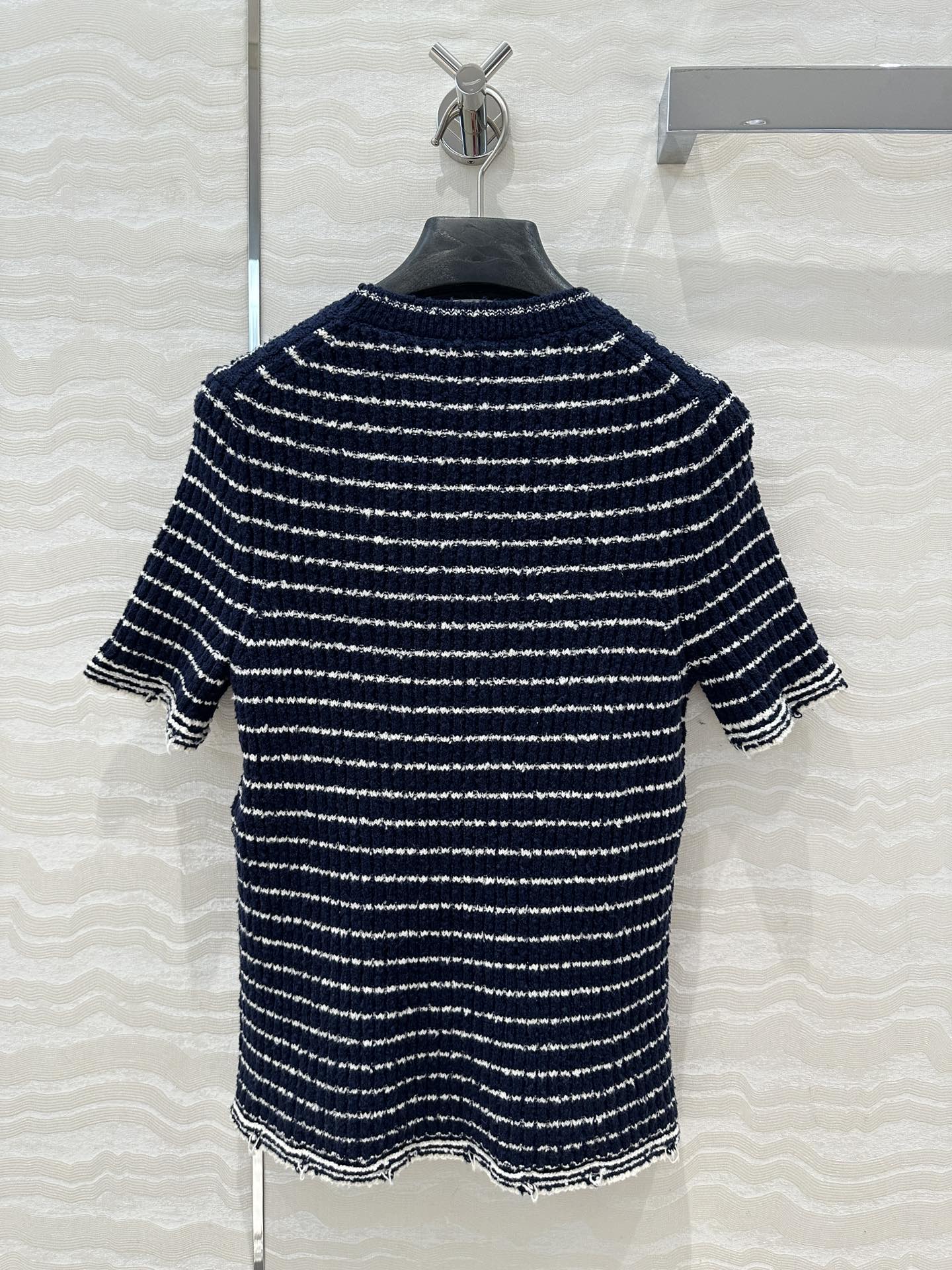 Specialty Yarn Navy Striped Crew Neck Knit Top