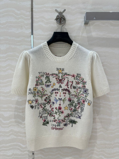 Cross-stitch embroidered cashmere short-sleeved sweater