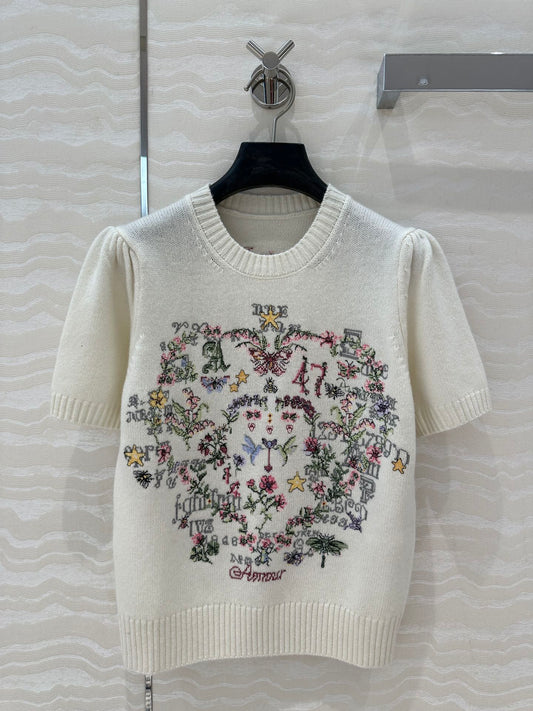 Cross-stitch embroidered cashmere short-sleeved sweater