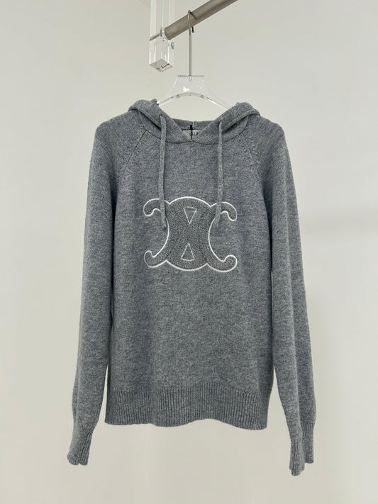 Hooded wool sweater with embroidered Arc de Triomphe