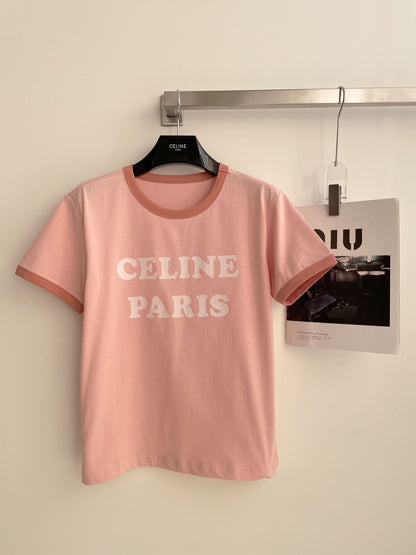 25 Warm pink flocking letter short sleeves