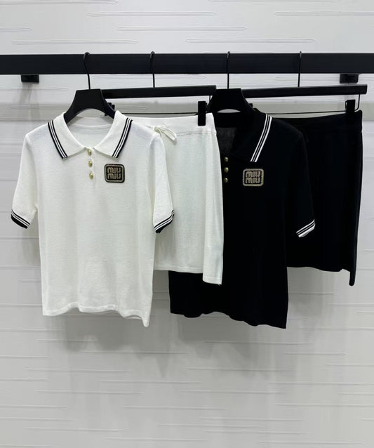 Contrast color polo collar short-sleeved knitted shorts set