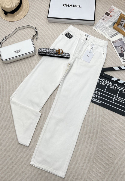 Early Autumn New Pocket Patchwork White High Waist Soft Denim Straight Pants