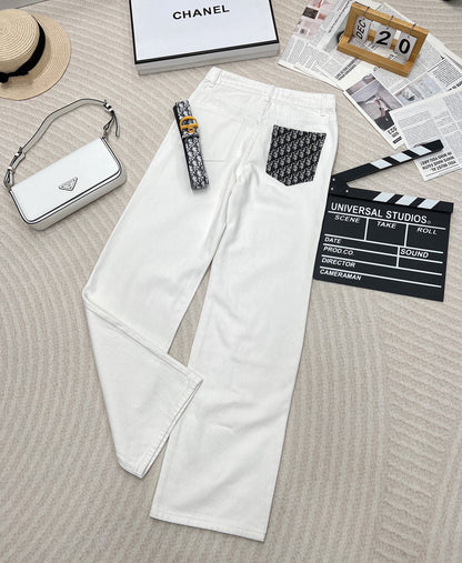 Early Autumn New Pocket Patchwork White High Waist Soft Denim Straight Pants