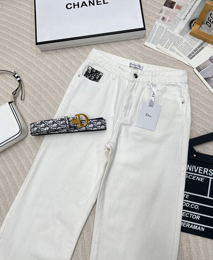 Early Autumn New Pocket Patchwork White High Waist Soft Denim Straight Pants