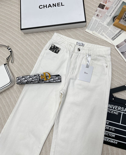 Early Autumn New Pocket Patchwork White High Waist Soft Denim Straight Pants