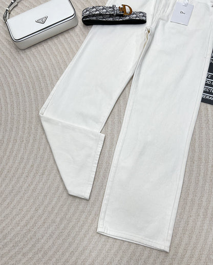 Early Autumn New Pocket Patchwork White High Waist Soft Denim Straight Pants