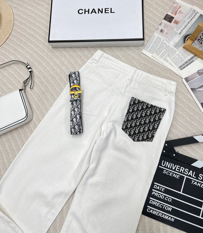 Early Autumn New Pocket Patchwork White High Waist Soft Denim Straight Pants