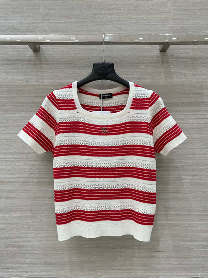 25 Spring and Summer Dopamine Color Striped Open-Chest Short-Sleeved Top