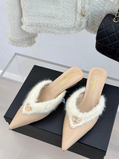 C 25 Rabbit Fur Pointed Toe Mule Half Slippers High Heels