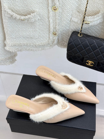 C 25 Rabbit Fur Pointed Toe Mule Half Slippers High Heels