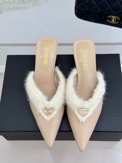 C 25 Rabbit Fur Pointed Toe Mule Half Slippers High Heels