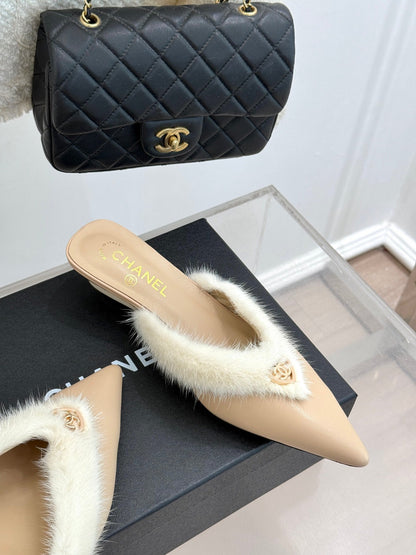 C 25 Rabbit Fur Pointed Toe Mule Half Slippers High Heels