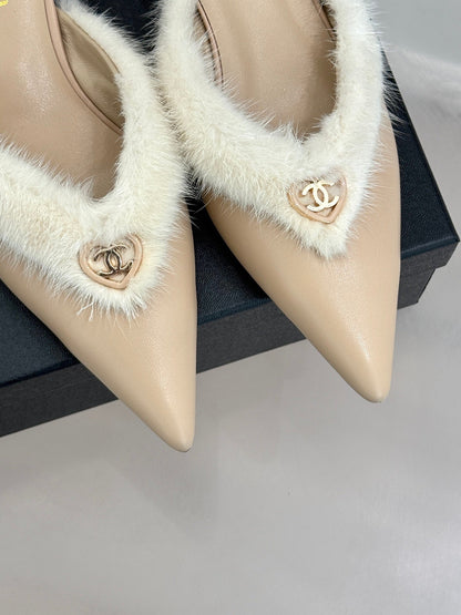 C 25 Rabbit Fur Pointed Toe Mule Half Slippers High Heels