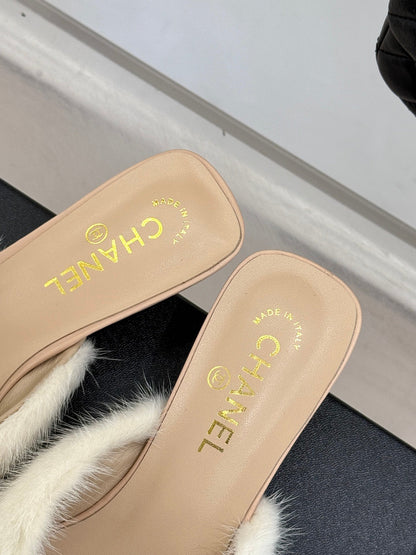 C 25 Rabbit Fur Pointed Toe Mule Half Slippers High Heels