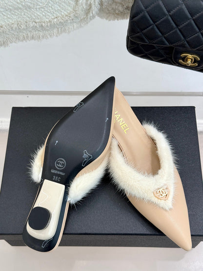 C 25 Rabbit Fur Pointed Toe Mule Half Slippers High Heels