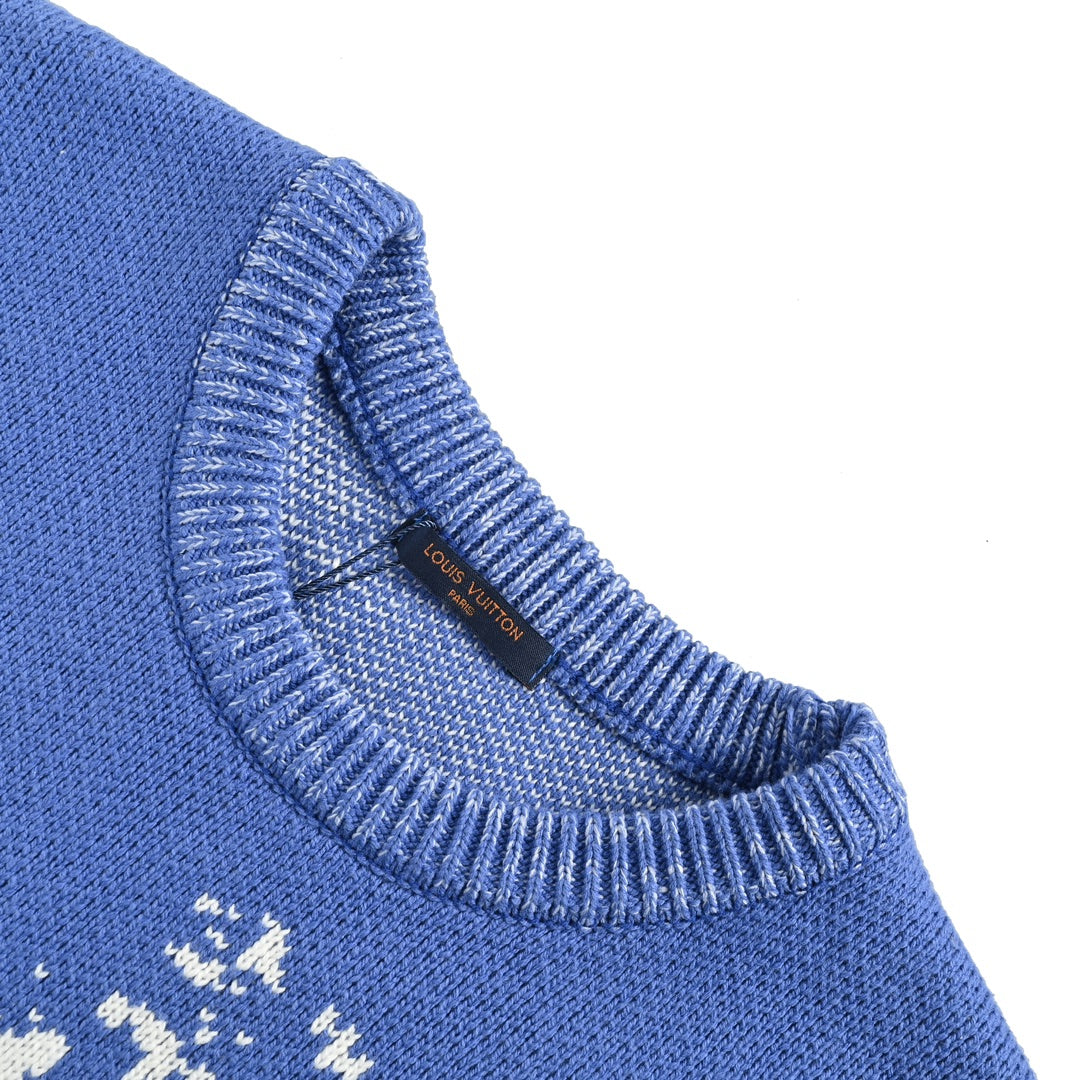 Blue sky and white clouds jacquard crew neck sweater