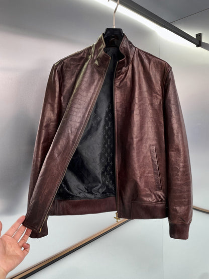 Stand collar leather jacket