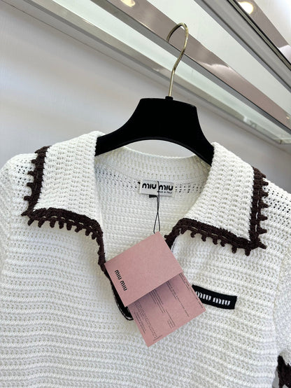 Fully hollow small lapel contrast knitted top short sleeves