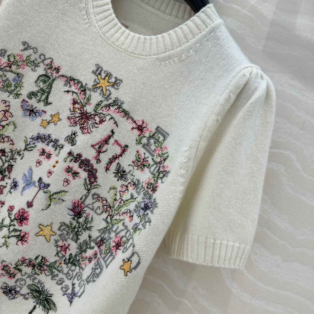 Cross-stitch embroidered cashmere short-sleeved sweater