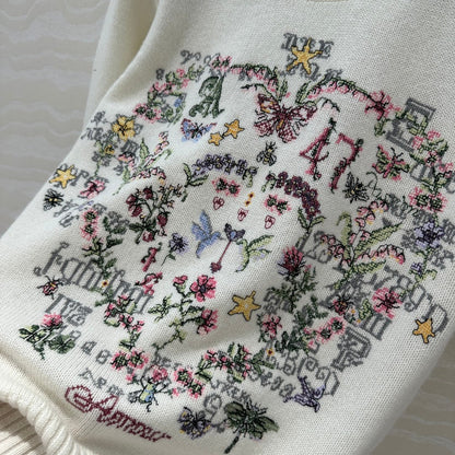 Cross-stitch embroidered cashmere short-sleeved sweater